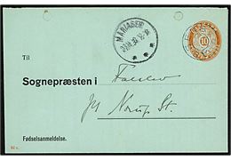 10 øre Fødselsanmeldelse korrespondancekort (fabr. 82x) annulleret med udslebet stjernestempel ASSENS og sidestemplet Mariager d. 23.11.1936 til Norup St. To arkivhuller.