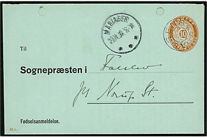 10 øre Fødselsanmeldelse korrespondancekort (fabr. 82x) annulleret med udslebet stjernestempel ASSENS og sidestemplet Mariager d. 23.11.1936 til Norup St. To arkivhuller.