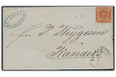 4 sk. 1858 udg. på brev annulleret med nr.stempel 16 og sidestemplet antiqua Flensborg d. 9.1.1860 til Randers.