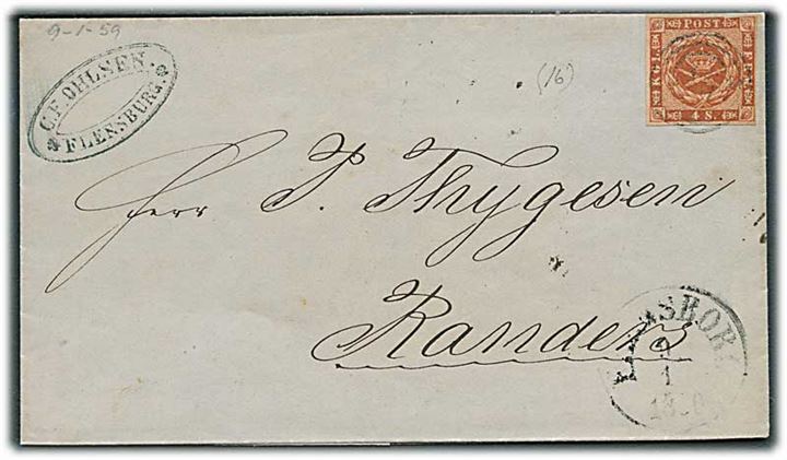 4 sk. 1858 udg. på brev annulleret med nr.stempel 16 og sidestemplet antiqua Flensborg d. 9.1.1860 til Randers.