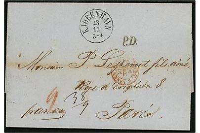 1861. Ufrankeret franco brev med antiqua Kjøbenhavn d. 23.12.1861 via K.D.O.P.A. Hamburg og Hamburg Th.& T. d. 24.12.1861 til Paris, Frankrig. Flere påtegninger.
