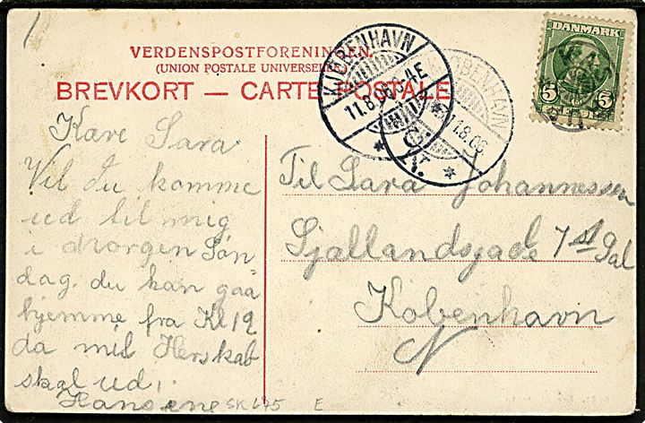 5 øre Chr. IX på brevkort annulleret med stjernestempel KASTRUP og sidestemplet Kjøbenhavn C. d. 11.8.1906 til København.