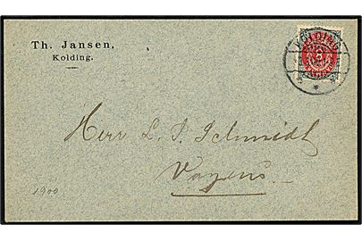 8 øre Tofarvet omv. rm. single på GRÆNSEPORTO brev fra Kolding d. 3.3.1900 til Vojens i Nordslesvig. På bagsiden ank.stemplet Woyens d. 3.3.1900.