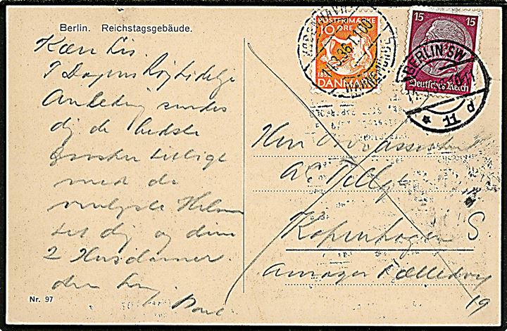 Tysk 15 pfg. Hindenburg stemplet Berlin d. 14.3.1936 og dansk 10 øre H. C. Andersen annulleret bureau København - Warnemünde T.100 d. 14.3.1936 på blandingsfrankeret søndagsbrevkort til København, Danmark.