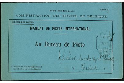 Ufrankeret fortrykt postsagskuvert til Mandat de Poste International (International postanvisning) fra Bruxelles d. 16.9.1897 til Genéve, Schweiz.