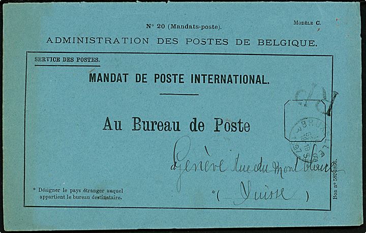 Ufrankeret fortrykt postsagskuvert til Mandat de Poste International (International postanvisning) fra Bruxelles d. 16.9.1897 til Genéve, Schweiz.