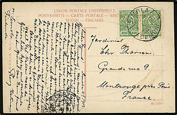 Russisk 2 kop. Våben i parstykke benyttet i Finland på på brevkort (Fæstning i Wiborg) annulleret med 2-sproget Simola d. 4.5.1913 til Frankrig.