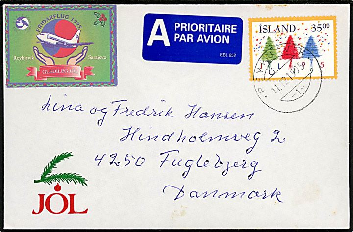 35 kr. Jule udg. og Fridarflug 1995 Reykjavik-Sarajevo mærkat på brev fra Reykjavik d. 11.12.1995 til Fuglebjerg, Danmark.
