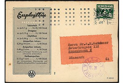2½ c. Due single på tryksag fra Amsterdam d. 20.1.1942 til København, Danmark. Violet tryksagskontrol stempel fra Udenrigsministeriet: Tilladt / U. M. / Indført.