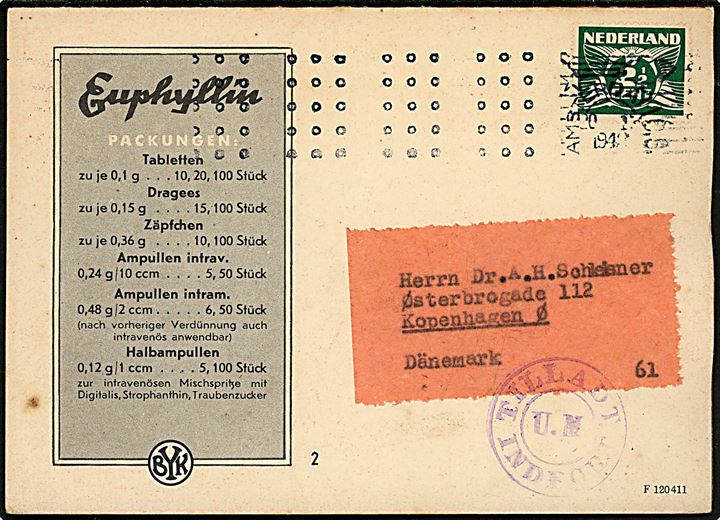 2½ c. Due single på tryksag fra Amsterdam d. 20.1.1942 til København, Danmark. Violet tryksagskontrol stempel fra Udenrigsministeriet: Tilladt / U. M. / Indført.