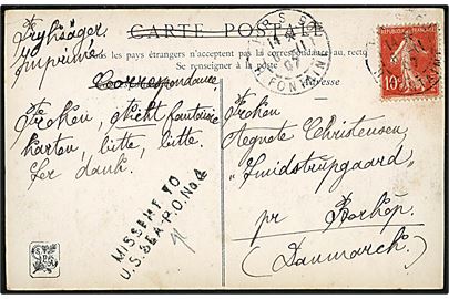 10 c. på brevkort fra Paris d. 8.11.1907 til Børkop i Danmark. Fejlsendt med stempel: MISSENT TO U.S.SEA P.O. No. 4 (= amerikanske søpost kontor ombord på Atlanterhavsdamperen S/S St. Paul). På bagsiden ank.stemplet i Børkop d. 29.11.1907.