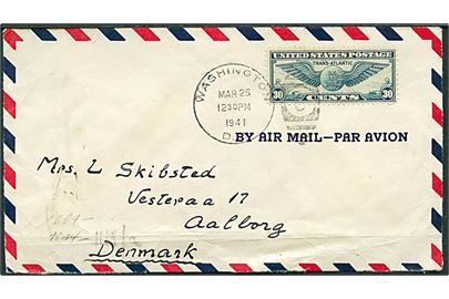 30 cents Winged Globe på luftpostbrev fra Washington DC d. 25.3.1941 til Aalborg, Danmark. Åbnet af tysk censur.