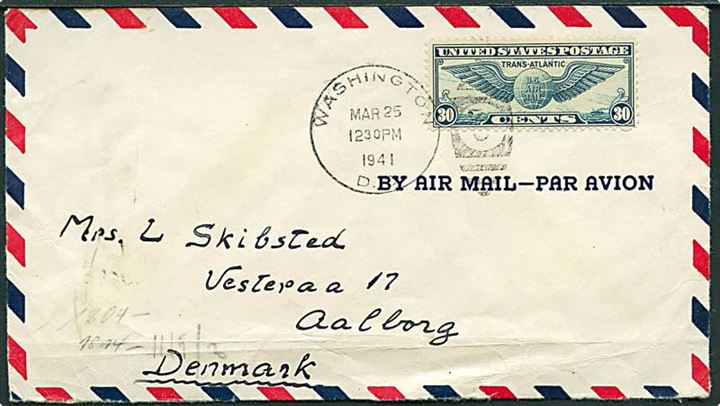 30 cents Winged Globe på luftpostbrev fra Washington DC d. 25.3.1941 til Aalborg, Danmark. Åbnet af tysk censur.