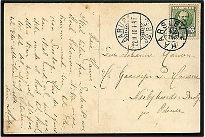 5 øre Fr. VIII på brevkort annulleret med stjernestempel HAARSLEV og sidestemplet Aarup JB.P.E. d. 22.11.1910 til Næsbyhoved-Broby pr. Odense. Skrammer på billedside. 