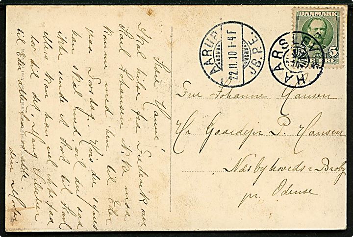 5 øre Fr. VIII på brevkort annulleret med stjernestempel HAARSLEV og sidestemplet Aarup JB.P.E. d. 22.11.1910 til Næsbyhoved-Broby pr. Odense. Skrammer på billedside. 