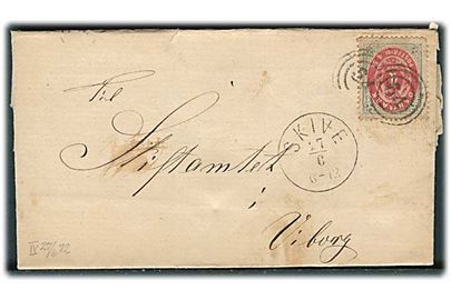 4 sk. Tofarvet på brev annulleret med nr.stempel 64 og sidestemplet lapidar Skive d. 27.6.1872 til Viborg. 