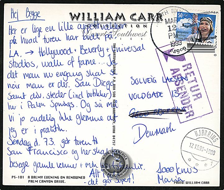 Amerikansk 50 c. på brevkort fra North Bay d. 12.3.1999 til Hjørring, Danmark. På bagsiden stemplet: Gaden findes ikke i Hjørring / Post Danmark / Hjørring Postkontor / 9800 Hjørring.