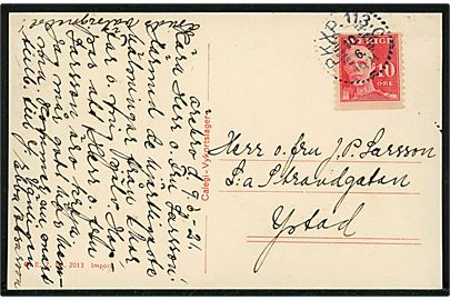 10 öre Gustaf på brevkort (Örebro slot og statue) annulleret med bureaustempel PKXP . 113.C (= Krylbo-Mjölby) d. 10.6.1921 til Ystad.