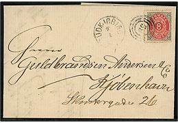 8 øre Tofarvet på brev annulleret med nr.stempel 59 og sidestemplet lapidar Rudkjøbing d. 9.4.1882 til Kjøbenhavn.