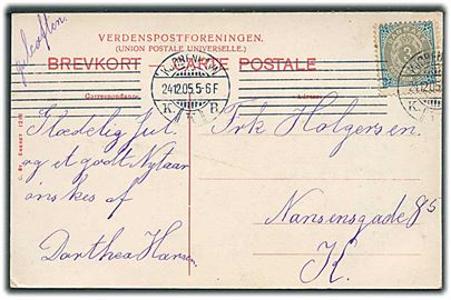 3 øre Tofarvet på lokalt julekort i Kjøbenhavn d. 24.12.1905. Påskrevet: Juleaften.
