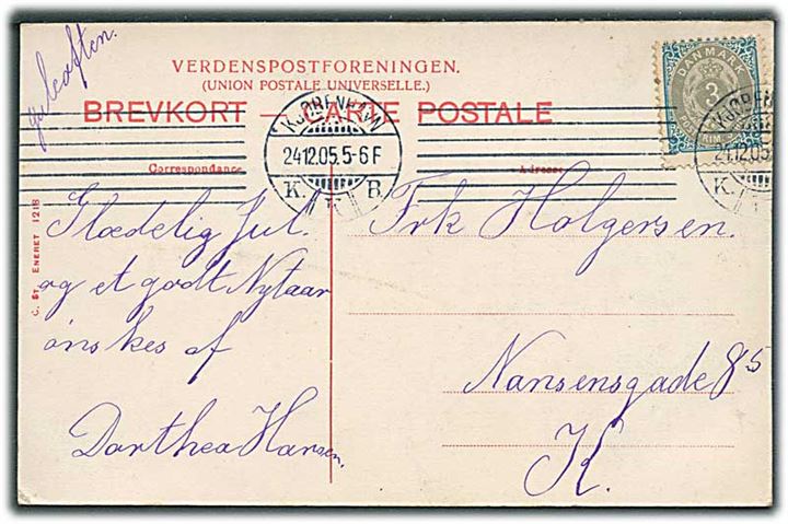 3 øre Tofarvet på lokalt julekort i Kjøbenhavn d. 24.12.1905. Påskrevet: Juleaften.