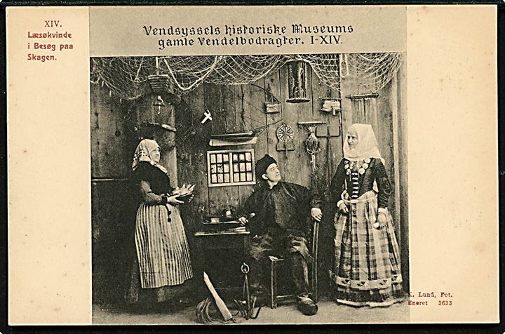 XIV Læsøkvinde i besøg paa Skagen.. Vendsyssels historiske Museums gamle Vendelbodragter I - XIV. K. Lund no. 3633.