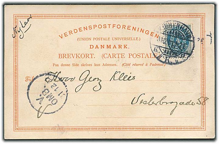 4 øre Tofarvet på lokalt brevkort (Vemmetofte gods) i Kjøbenhavn d. 31.12.1901. Ank.stemp. V.OMB. d. 31.12.1901 (juden omdelings nr.). Påskrevet Nytaar.