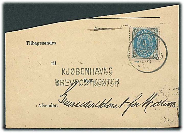 4 øre Tofarvet på kvitteringsdel af modtagelsesbevis stemplet K.Omb.2 d. 24.6.1889.