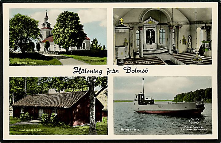 Bolmsö. Kirke, Gård og Blomsö færge. Fotokort u/no. 