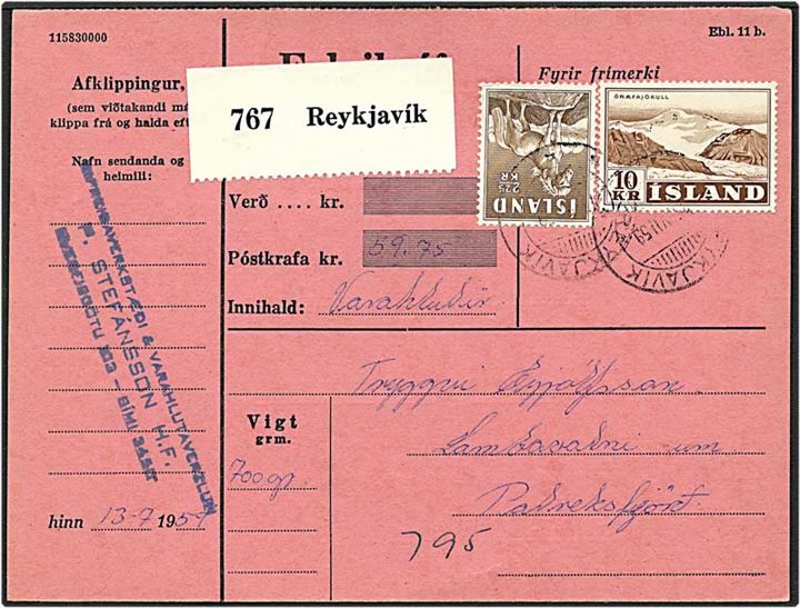 12.25 kr. porto på adressekort fra Reykjavik  til Patreksfjordur.