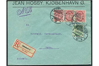 5 øre og 10 øre (3-stribe) Våben på anbefalet brev fra Kjøbenhavn d. 5.11.1904 til Bern, Schweiz.