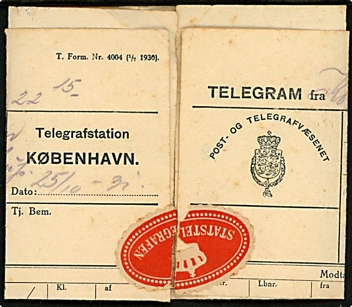 Telegramformular T. Form. Nr. 4004 (1/7 1930) med meddelelse fra København via Tølløse til Nørre Eskildstrup. Opfrankeret med 5 øre Chr. X 60 år i parstykke annulleret brotype Ic Tølløse d. 26.10.1931 og udbragt som lokalbrev fra Tølløse.