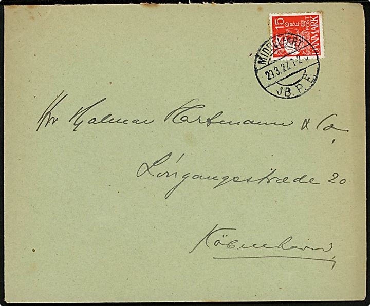 15 øre Karavel på brev annulleret med brotype IIb Middelfart JB.P.E. d. 29.3.1927 til København.