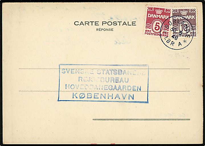 5 øre og 10 øre Bølgelinie på internationalt svarkort annulleret med svensk stempel i Borlänge d. 30.6.1949 til Svenske Statsbaners Rejsebureau i København, Danmark.