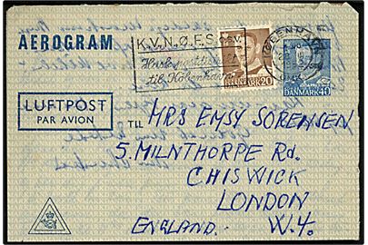 40 øre Fr. IX helsags aerogram (fabr. 1) opfrankeret med 20 øre Fr. IX fra København d. 22.7.1952 til Chiswick, London, England.
