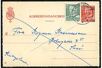 30/25 øre provisorisk helsags korrespondancekort (fabr. 97) opfrankeret med 60 øre Fr. IX sendt som søndagsbrev fra Fredericia d. 11.10.1952 til Sorø.