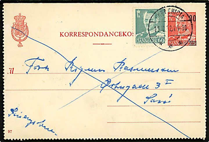 30/25 øre provisorisk helsags korrespondancekort (fabr. 97) opfrankeret med 60 øre Fr. IX sendt som søndagsbrev fra Fredericia d. 11.10.1952 til Sorø.