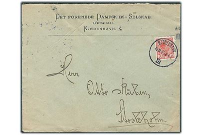 10 øre Chr. X med perfin (Malteserkors) på firmakuvert fra Det Forenede Dampskibs-Selskab i Kjøbenhavn d. 19.11.1915 til Stockholm, Sverige.