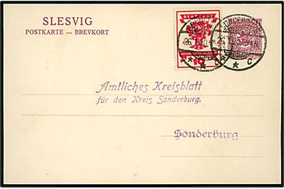 15 pfg. Fælles udg. helsagsbrevkort opfrankeret med 10 pfg. Weimar udg. sendt lokalt med stempel Sonderburg **c d. 26.1.1920. Overfrankeret, men gyldig blandingsfrankering. Uden meddelelse på bagsiden.