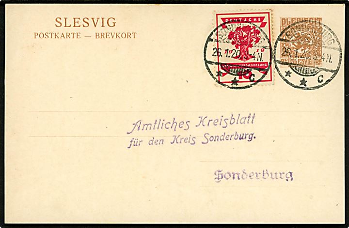 7½ pfg. Fælles udg. helsagsbrevkort opfrankeret med 10 pfg. Weimar udg. sendt lokalt med stempel Sonderburg **c d. 26.1.1920. Overfrankeret, men gyldig blandingsfrankering. Uden meddelelse på bagsiden.