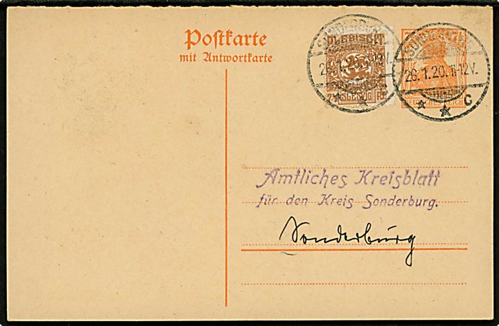 Tysk 7½ pfg. Germania helsagsbrevkort opfrankeret med 7½ pfg. Fælles udg. sendt lokalt og annulleret Sonderburg **c d. 26.1.1920. Overfrankeret, men gyldig blandingsfrankatur. Uden meddelelse.