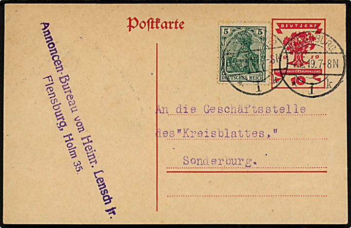 10 pfg. Weimar udg. helsagsbrevkort opfrankeret med 5 pfg. Germania fra Flensburg d. 4.12.1919 til Sonderburg.