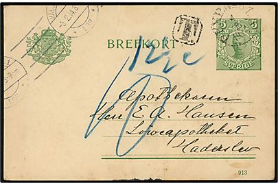 Svensk 5 öre Gustaf helsagsbrevkort sendt underfrankeret fra Helsingborg d. 3.2.1914 via bureau PKXP No. 81 B d. 4.2.1914 til Haderslev, Nordslesvig. Sort T-stempel og udtakseret i 10 pfg. tysk porto.