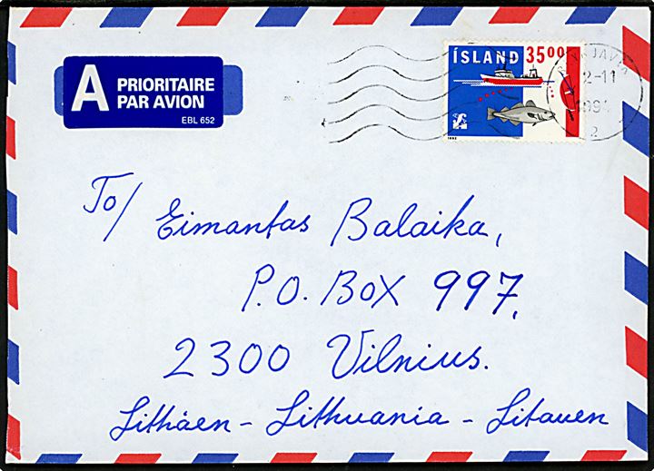 35 kr. Eksport- og Handelsanliggender single på luftpostbrev fra Reykjavik d. 2.11.1994 til Vilnius, Litauen.