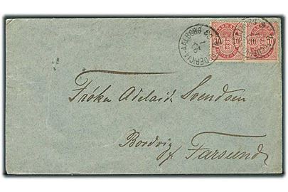 10 øre Våben (2) på brev fra Hamburg annulleret med lapidar bureaustempel Fredericia - Aalborg d. 20.1.188x til Bordvig pr. Farsund, Norge.
