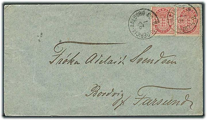 10 øre Våben (2) på brev fra Hamburg annulleret med lapidar bureaustempel Fredericia - Aalborg d. 20.1.188x til Bordvig pr. Farsund, Norge.
