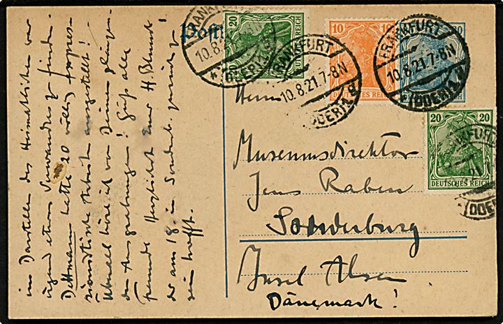 80 pfg. Germania helsagsbrevkort opfrankeret med 10 pfg. og 20 pfg. (2) Germania fra Frankfurt d. 10.8.1921 til Sonderburg, Alsen, Danmark.