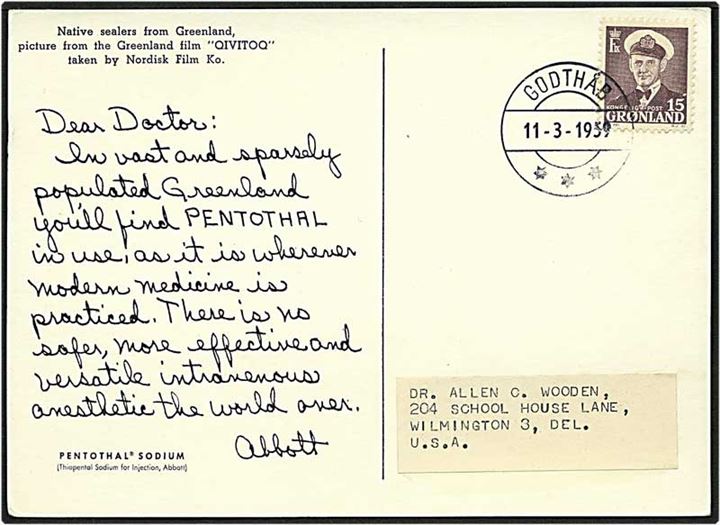 15 øre violet Fr. IX på postkort fra Godthåb d. 11.3.1959 til USA.