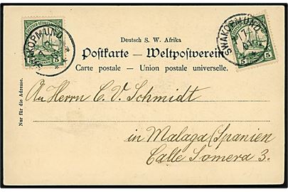 5 pfg. Hohenzollern (2) på brevkort (Jagtselskab) annulleret Swakopmund d. 7.7.1901 til Malaga, Spanien.