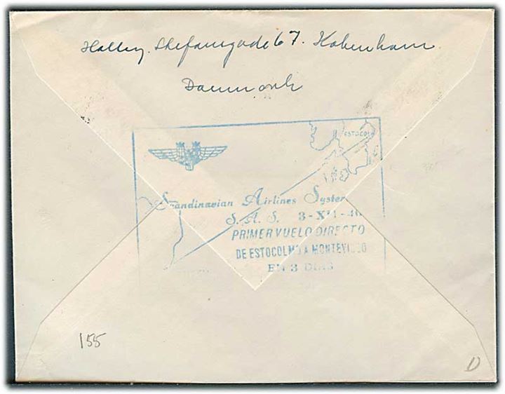 10 øre, 20 øre Chr. X 75 år og 50 øre Chr. X på brev annulleret med særstempel København Lufthavn Aabningsflyvning Danmark-Sydamerika d. 30.11.1946 til Montevideo, Uruguay.